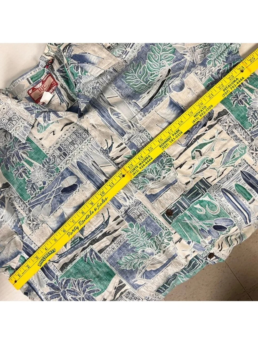 RJC Tapa Fish Canoe Ocean Mens Hawaiian Shirt size XL 49x31 Cotton USA Made